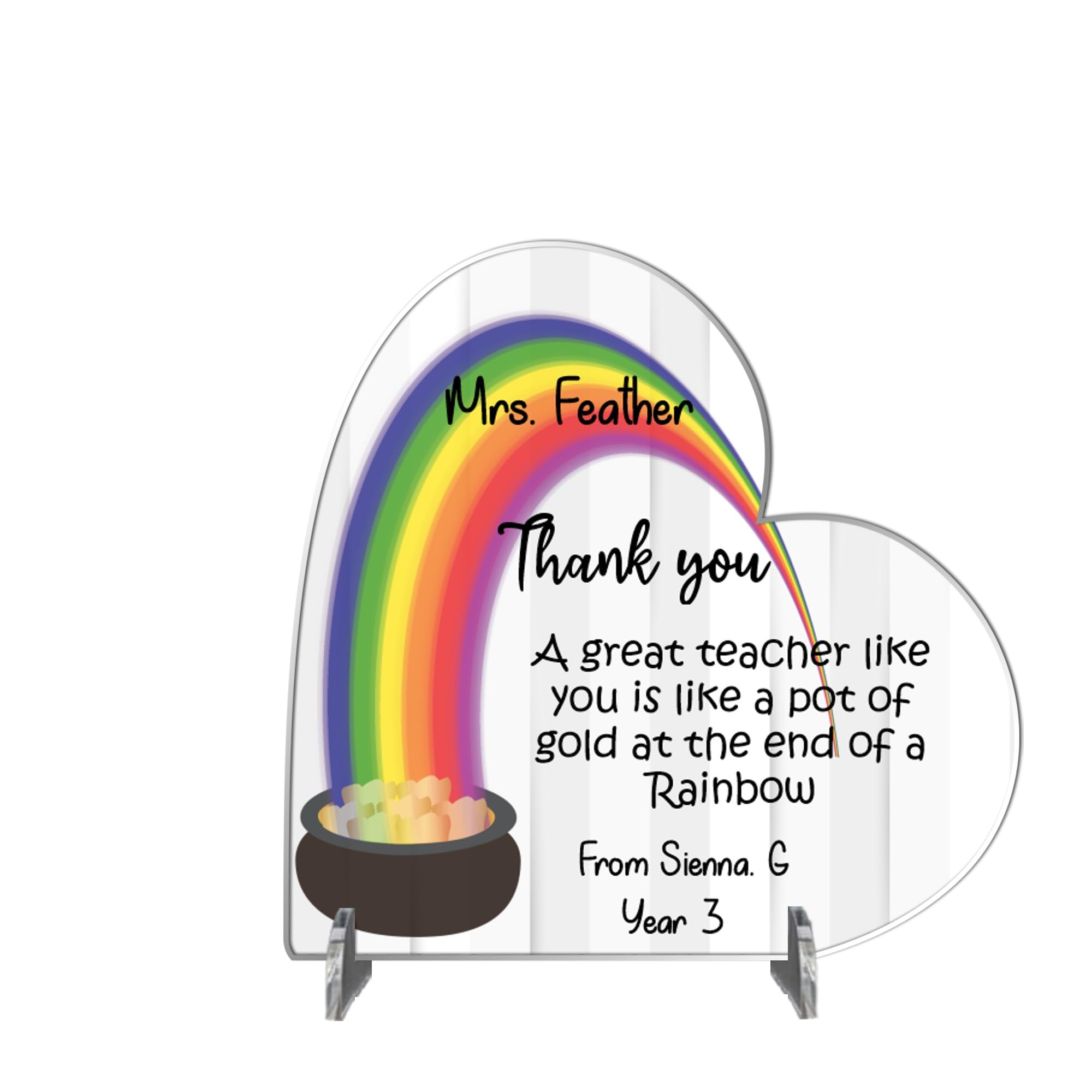 Personalised Teacher Appreciation Plaque with Stands - Laser Cut Thank You Keepsake, Customisable Design, Made from FSC-Certified MDF, Handcrafted in the UK (Acrylic 19cm x 19cm, Pot of gold)