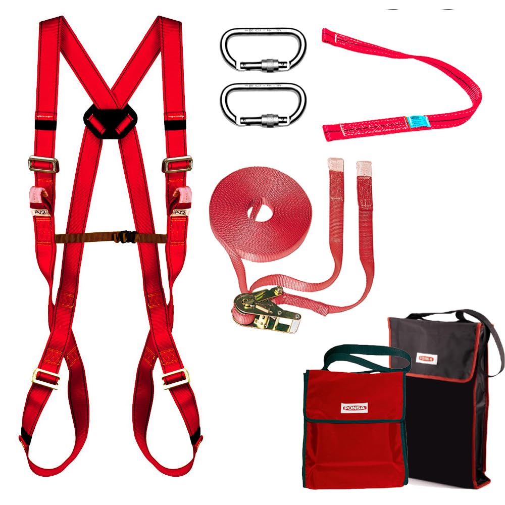 PONSA KIT PROFESSIONALE ARNES COMPLETO + LINEA DI VITA 20 MT - Imbracatura di sicurezza per lavoro in altezza con 2 punti di ancoraggio e moschettoni
