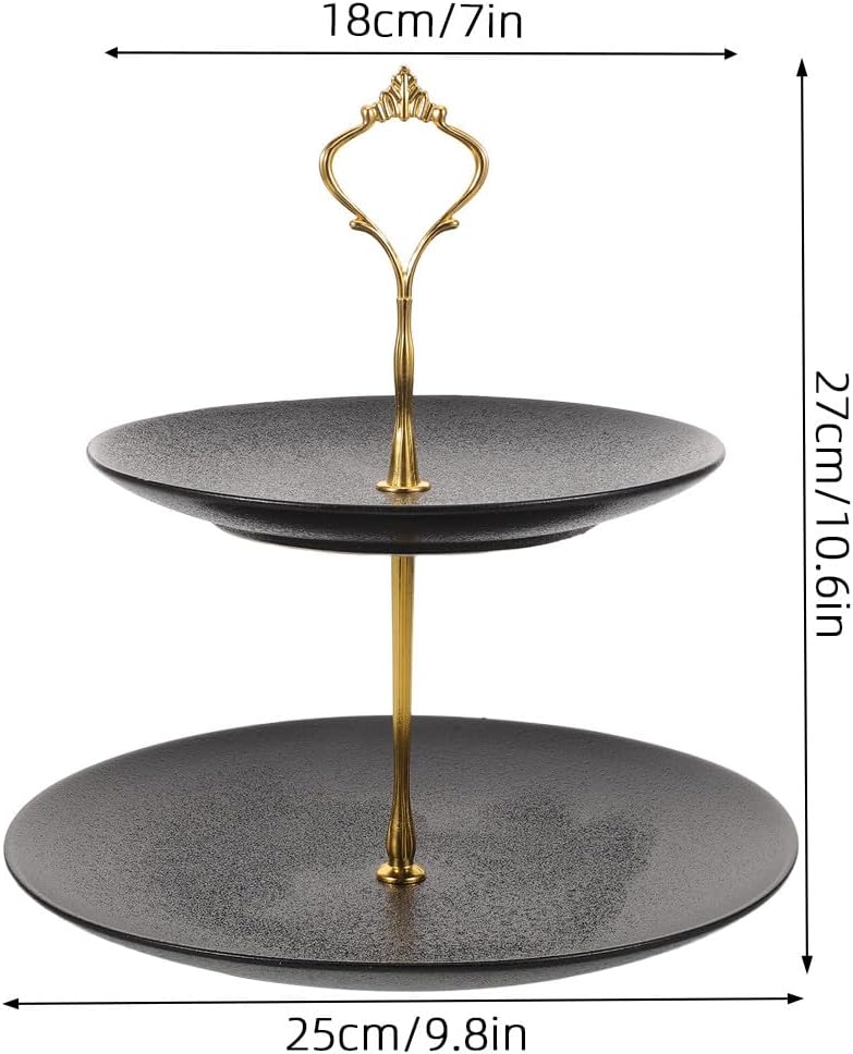 Ciieeo Double Tier Fruit Tray: Black Ceramic Dessert Stand - Cake Plate with Base - Modern Serving Bowl for Fruits Cupcakes Pastries Candy Snacks