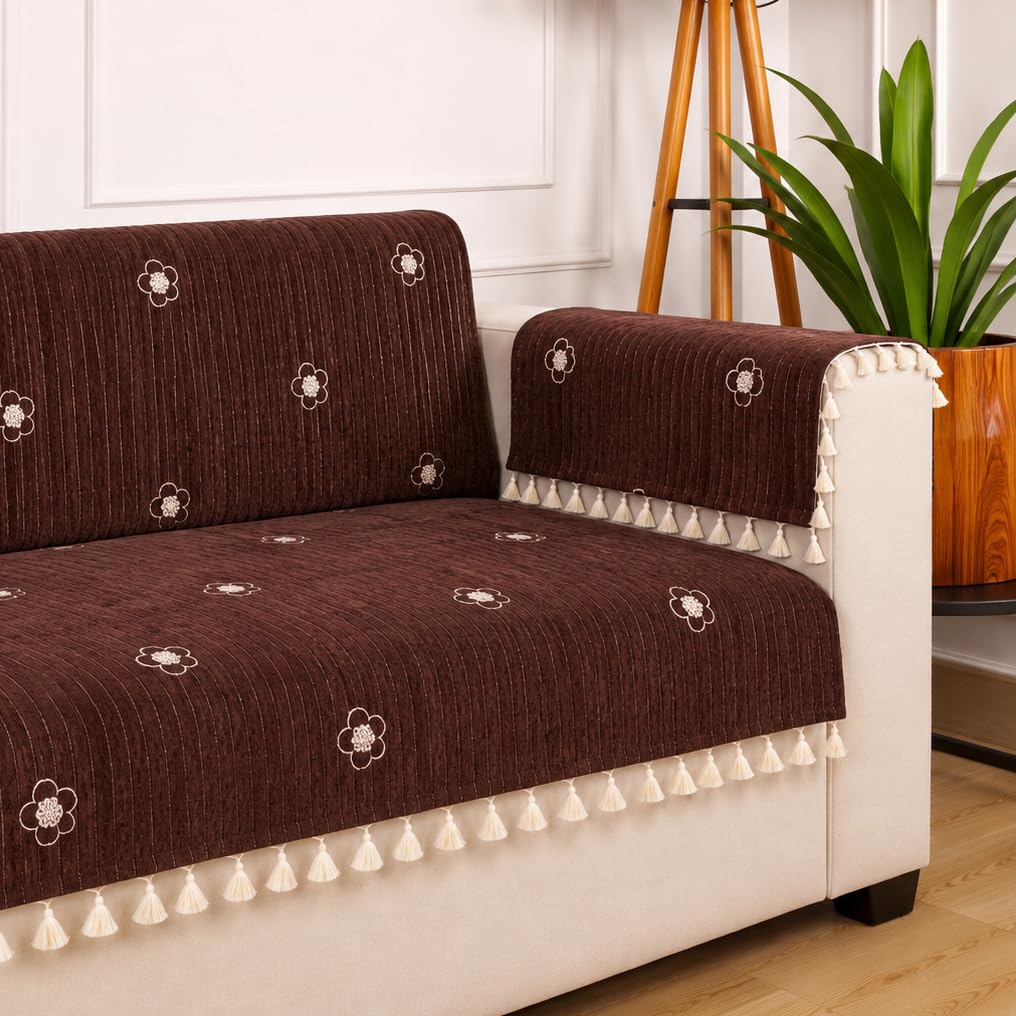 STITCHNEST Artisoul Series Chenille Sofa Cover 3+1+1 Seater Fully Covered with 6 Hand Rest Covers | Premium Heavy Fabric, Washable & Fade Resistant |Brown Sofa Protector with Tassels | 5 Seater