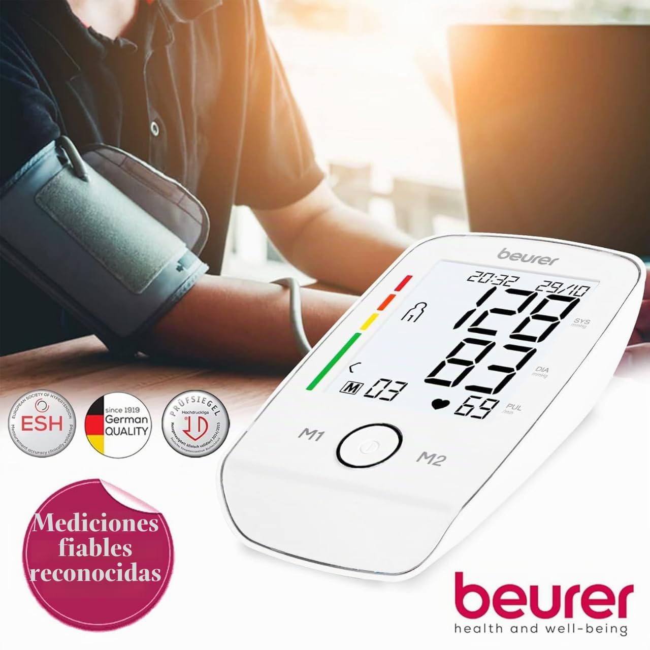 Beurer BM45 - Tensiómetro de brazo, indicador OMS, memoria 2 x 60 mediciones, color blanco