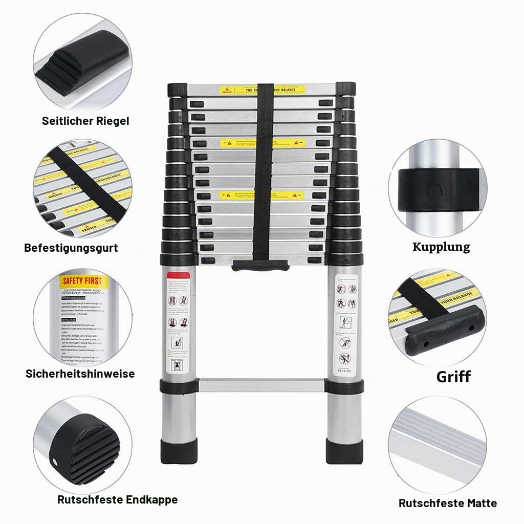 Teleskopleiter Aus Aluminium - Ausziehbar, Faltbar, Loft Ladder, Zertifiziert Nach EN131, Belastbar Bis 150 kg, 4,4 m