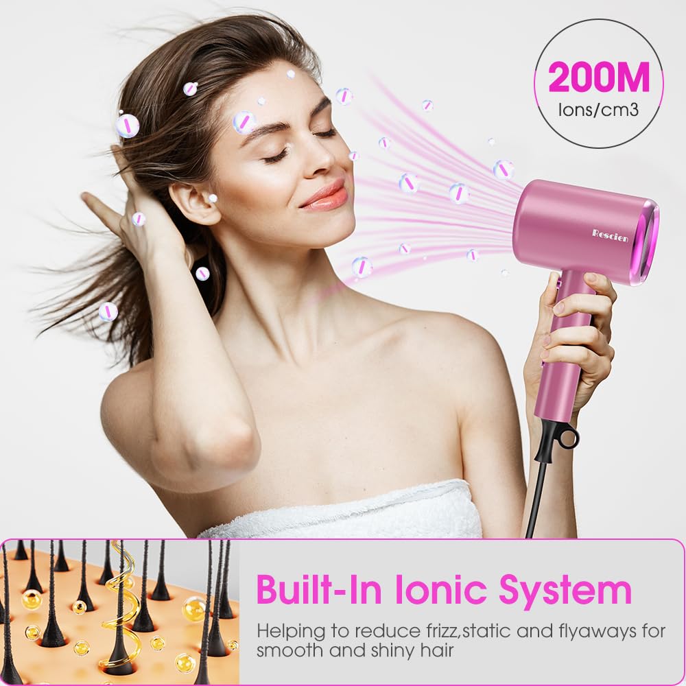 Haartrockner Ionen 2400W Föhn Fön mit 3 Aufsätze &Reisebeutel&Halter, Rosa | Föhn Fön Schnelltrocknen [leicht & kompakt] Profi Reisefön mit Heiß-/Kalttaste, 3 Heiz,3 Geschwindigkeiten / Salon Haarföhn