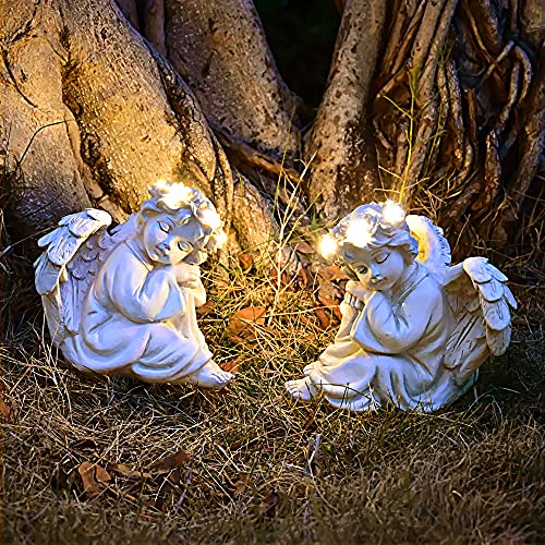 Juliahestia Angel Statue Garden Decor For Outside Solar Outdoor Decorations Cherub For Christmas Yard Porch Home Lawn Gifts (2Pcs) Light Up Figurine Memorial With Halo #TOP7