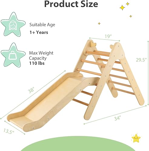 Miniatura 7 de OLAKIDS Pikler - Juego de triángulos 2 en 1, juguetes de escalada para niños pequeños, plegable de madera Montessori Baby Jungle Gym con rampa de