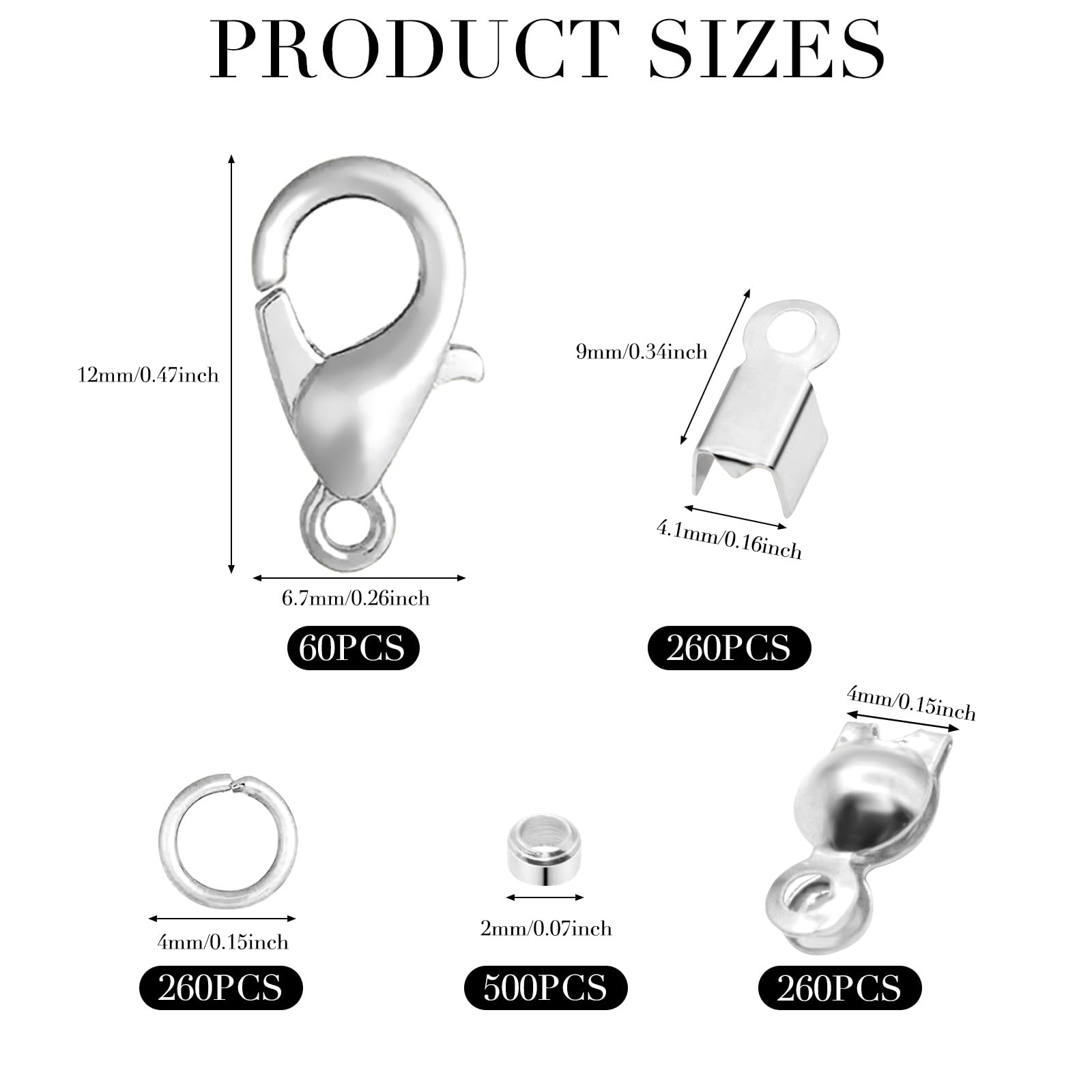 TOAOB 784 Pezzi Kit per Orecchini Fai Da Te con Ganci di Orecchini Anelli Aperti Chiusura a Moschettone Perline Catena Occhiello Chiodini Testa per Creazione di Gioielli e Riparazione Argento Tono