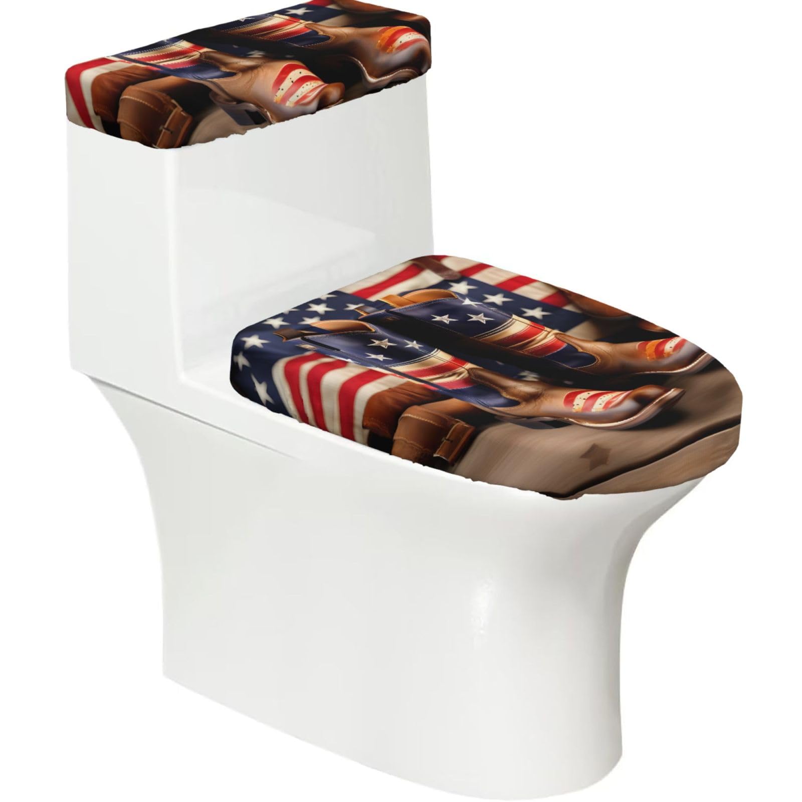 American Flag with Cowboy Boots Printed Toilet Tank and Lid Cover Set of 2 for Most Bathrooms, Fits Elongated Round Toilets