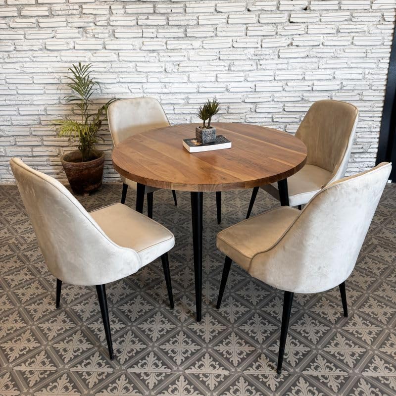 Image of Solid Mango Wooden Round 4 Seater Dining Table for Living Room, Dining Room, Hotel & Home, Brown Finish, Only Dinning Table (107 x 107 x 76 Centimeters)