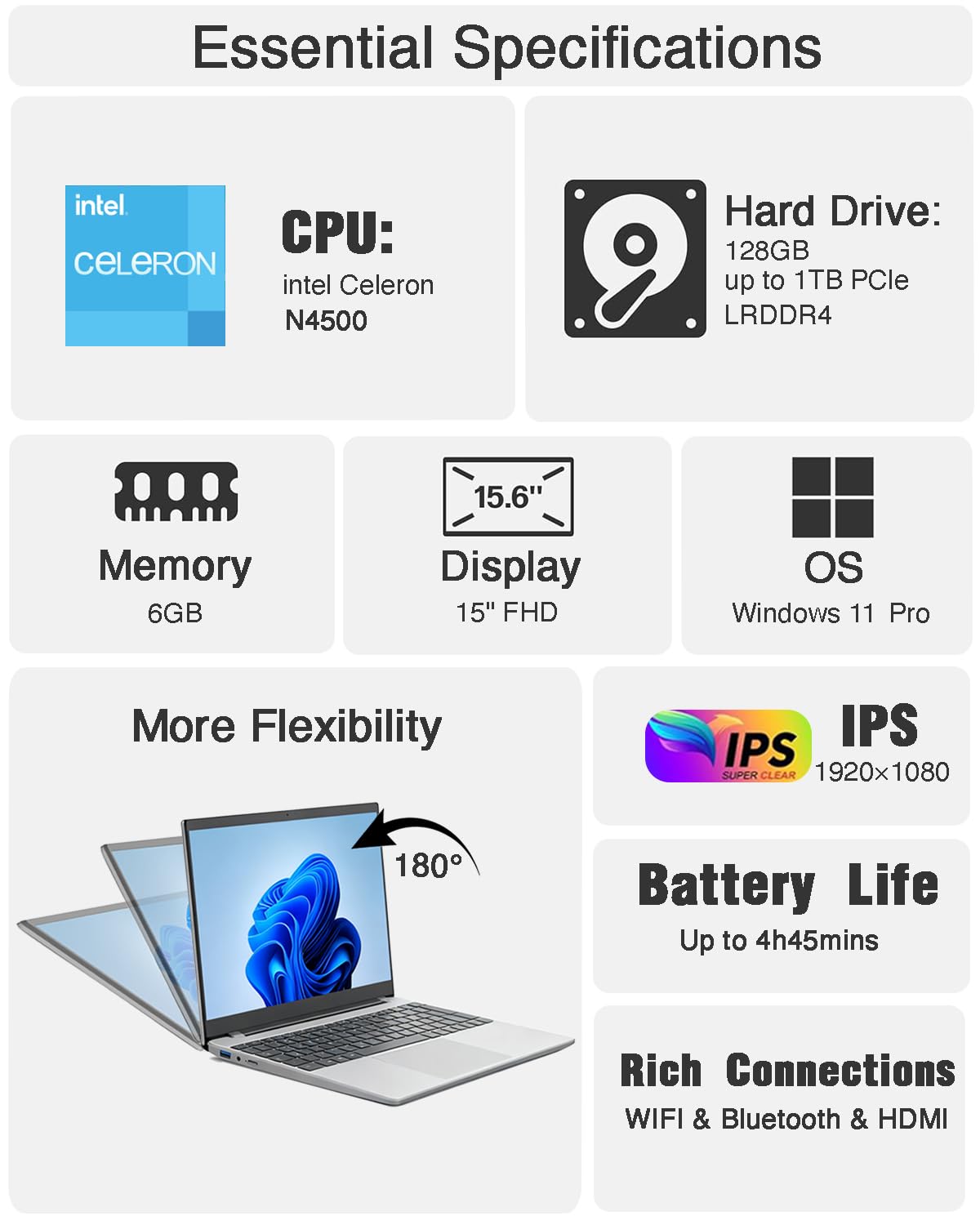 Kayoote Computer portatile da 15,6 pollici Win 11 Pro per studenti e affari, Celeron N4500 6+128 GB laptop con display FHD, IPS, Wi-Fi, BT, computer portatili per lavoro