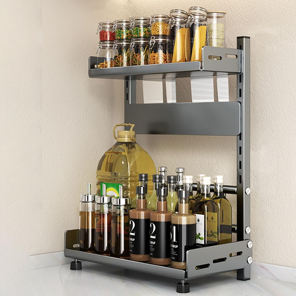 Wemune Spice Rack Organizer for Countertop, Multi-Function 2-Tier Metal Rust-Proof Standing Seasoning Storage Shelf for Kitchen Pantry, for Spices, Cans, Jars, Kitchen Utensils,Gray,30cm