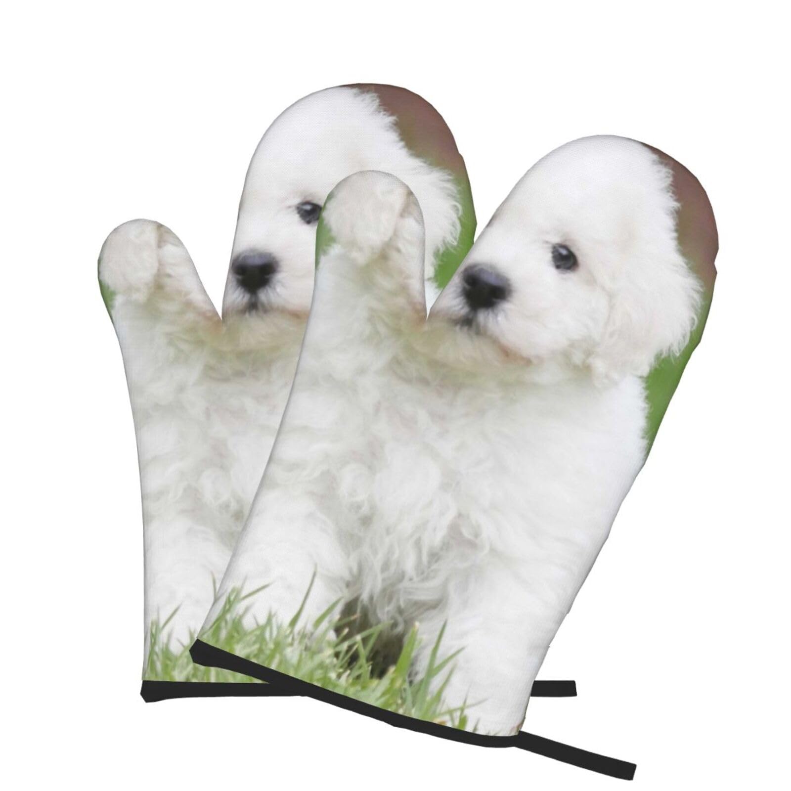 Oven Mitts Set of 2 Pcs, Bichon Frise Dog Prints Heat Resistant Kitchen Gloves for Cooking Baking Grilling