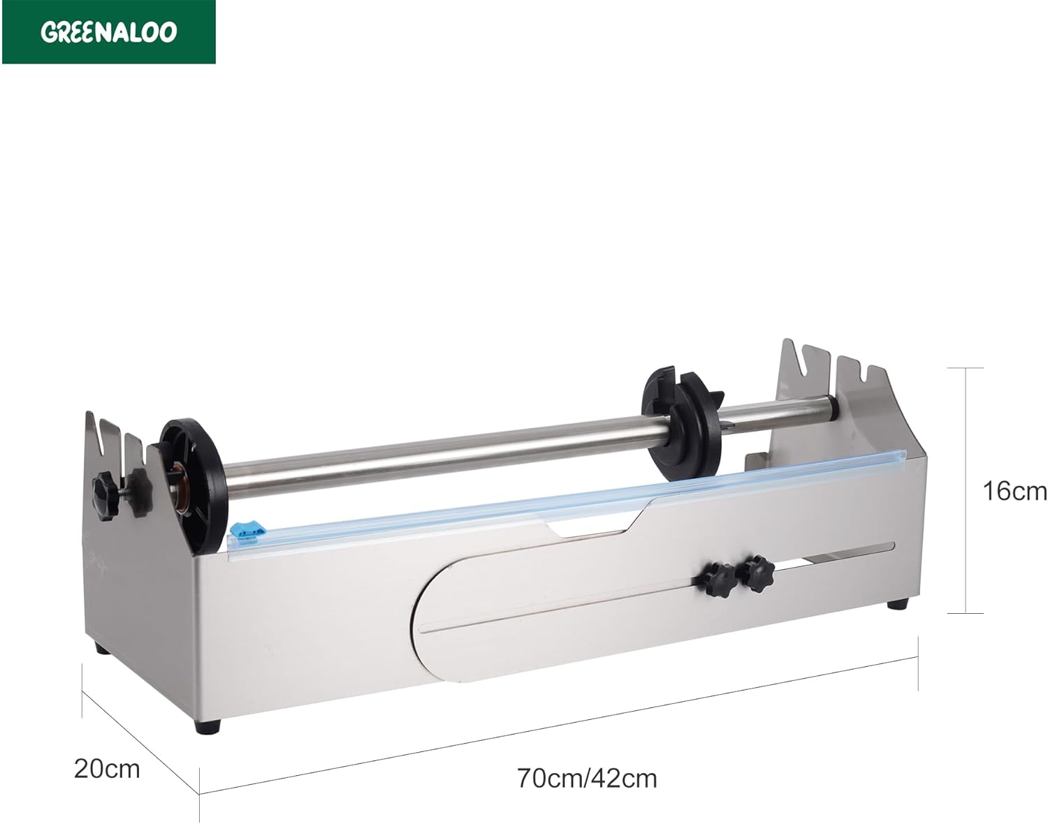 Adjustable Tabletop Stretch Film Dispenser with Cutter, Heavy Duty Stainless Steel Wrapper for 16 to 26 Inch Rolls, Ideal for Warehouse and Shipping Use