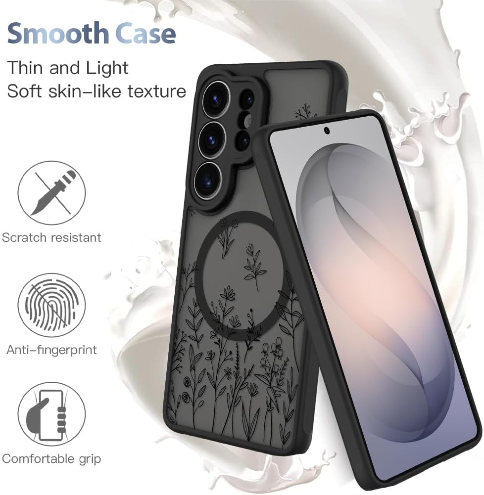 AIGOMARA Magnetic Case for Samsung Galaxy S26 Ultra [Compatible with MagSafe] Cute Black Flower Floral Pattern for Women Girls Soft TPU Bumper Hard PC Back Anti-Fall Shockproof Protective Slim Cover
