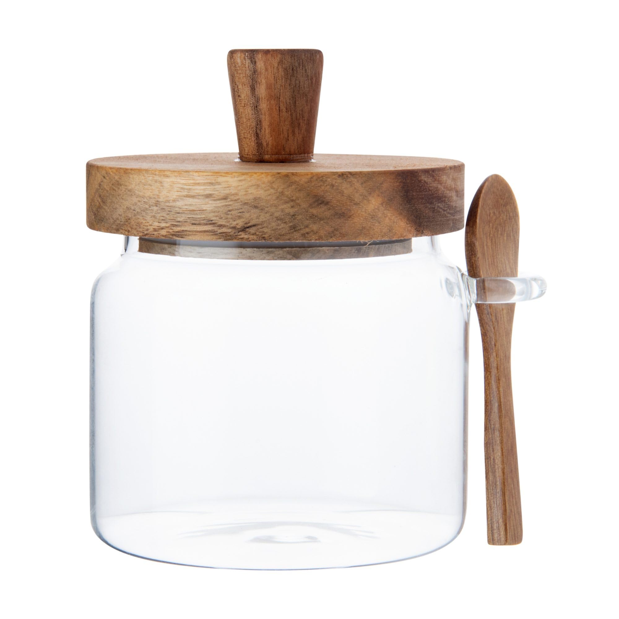 Restaurantware Vetri - Tarro de almacenamiento de vidrio de 17 onzas, con tapa de acacia, 3 1/4 pulgadas x 3 1/4 pulgadas x 5 pulgadas, 1 caja