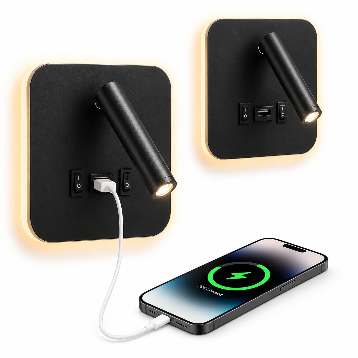 2Pcs Lampada da Parete LED, Applique da Parete Interno, Lampada da Lettura da Comodino con Porta di Ricarica USB e Interruttore, Regolabile a 360° Luce da Lettura per Camera da Letto Soggiorno