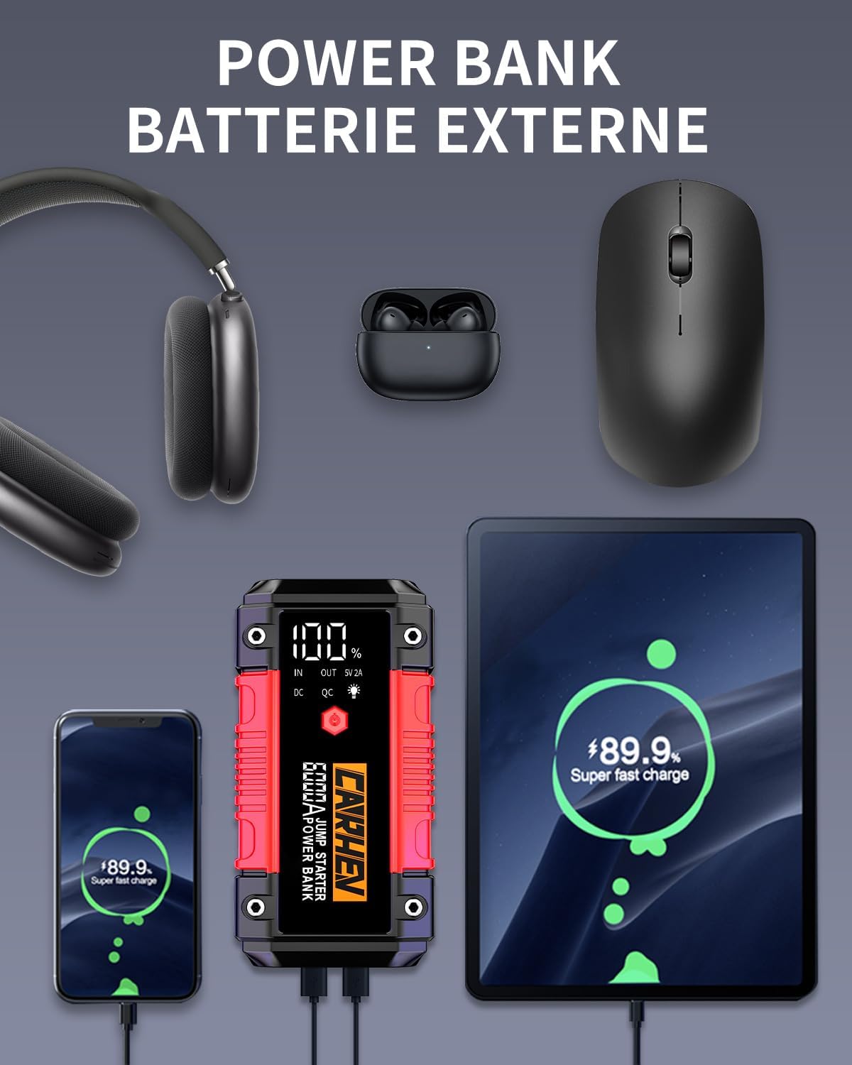 CARHEV JS-05 Portable Car Jump Starter charging a smartphone and tablet.
