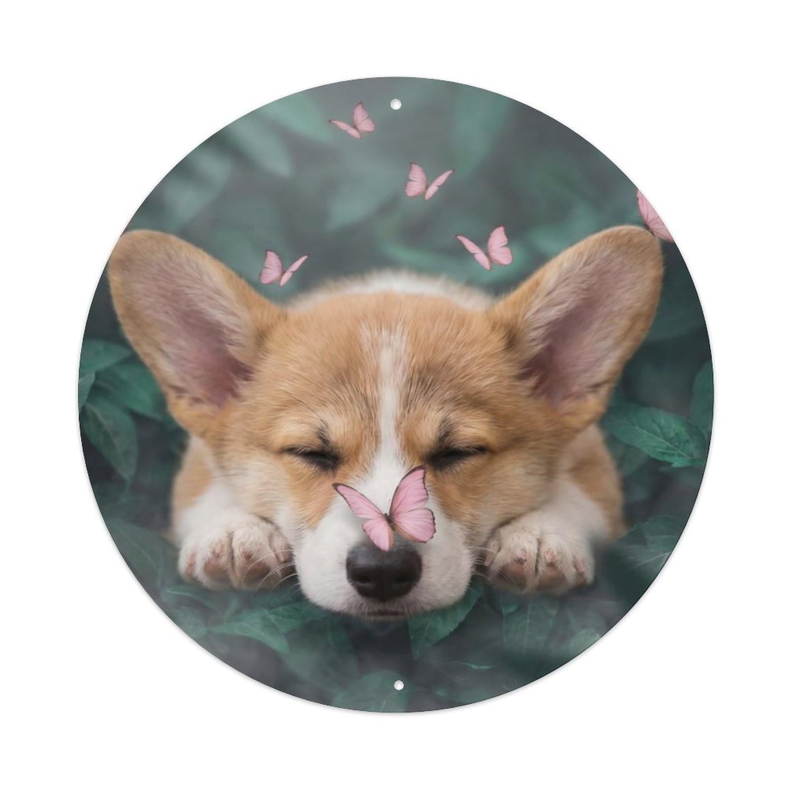 Corgi Puppy Cute Pet Pink Butterfly Pastel Woodland Kawaii Metal Tin Sign Plaque Wall Decor for Cafe, Man Cave, Club Bar, Office, Home Garden Round Metal Poster 8x8Inch