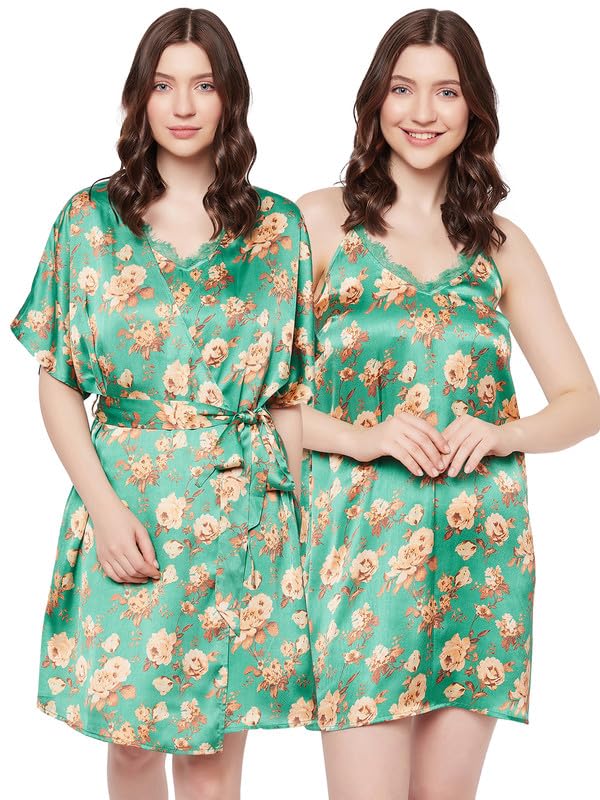 Clovia Women's Satin Printed Short Night Dress & Robe - Green