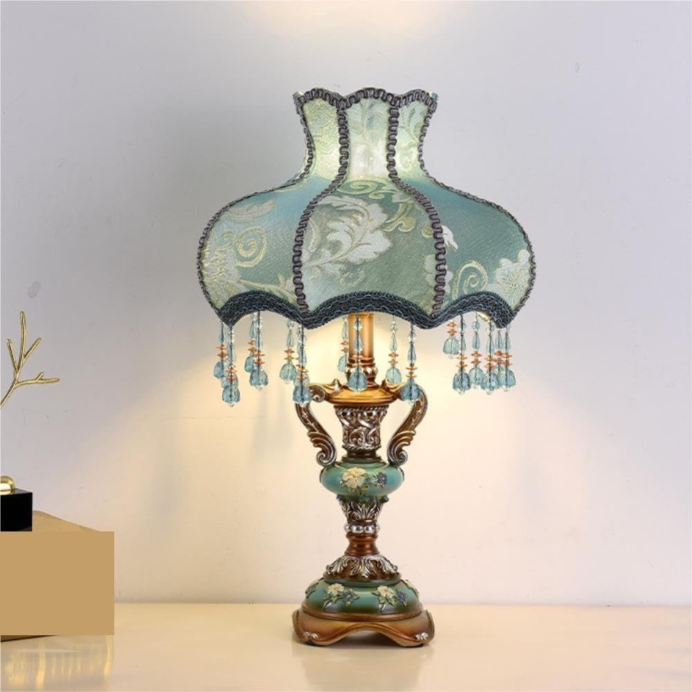 Lampada da tavolo vintage europea, luce notturna ambientale sul | Vintage europeo, base in resina, paralume in tessuto, dipinto a mano, luce ambientale