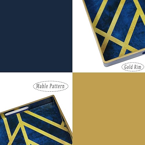 Miniatura 2 de Spsyrine Bandeja azul para servir, bandeja de plástico para mesa auxiliar, elegante bandeja decorativa rectangular con asas, bandeja otomana para