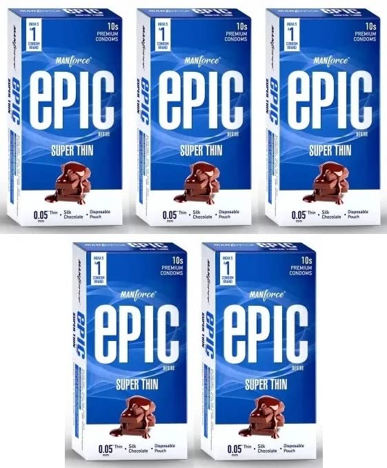 Epic Desire Super Thin Premium Condoms for Men, Silk Chocolate Flavour, Disposable Pouch (10 Counts) x pack of 5
