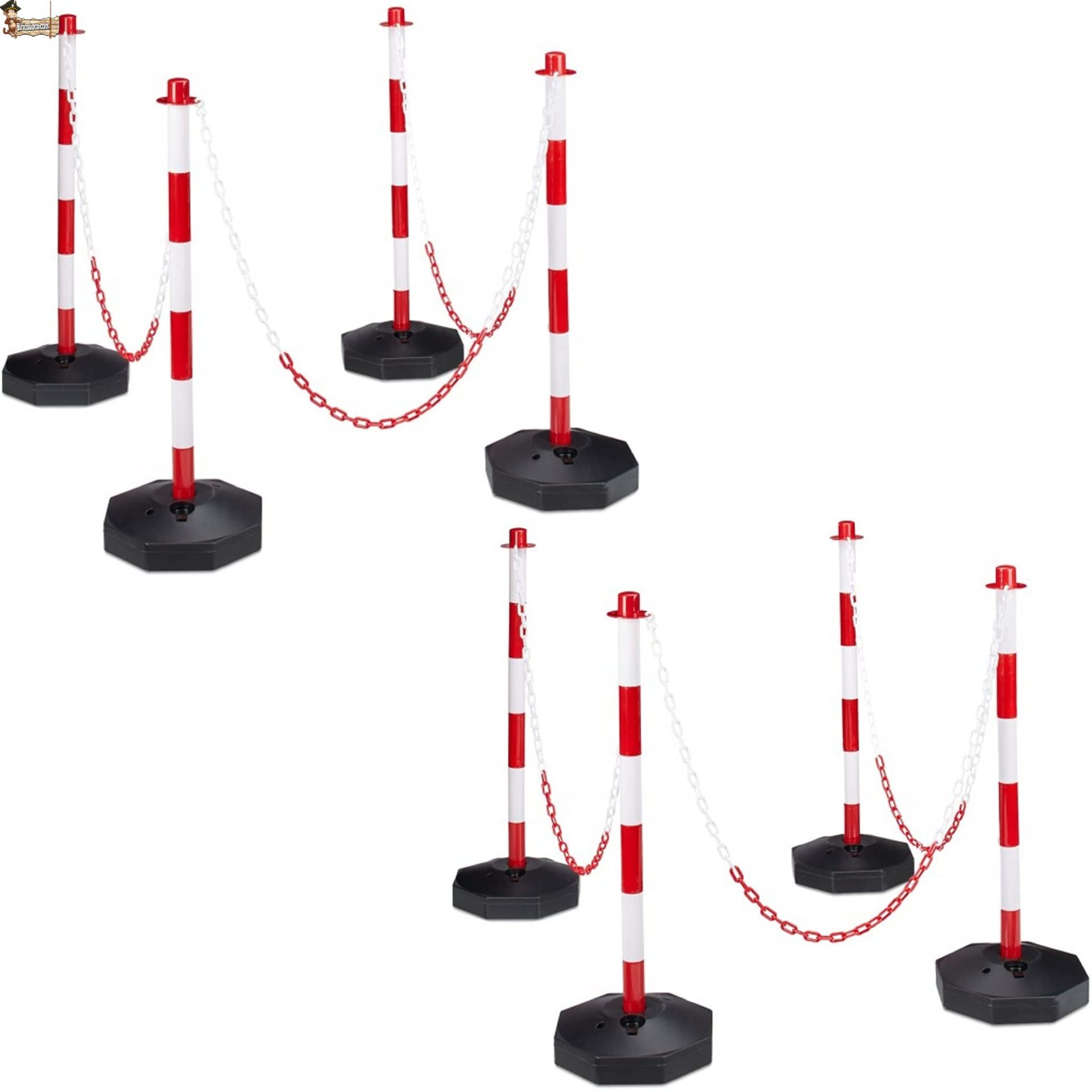 BricoLoco.com Poste señalización y balizamiento para cadena. FLUORESCENTE. Pack 8 uds. ¡¡¡ CADENA PLÁSTICO INCLUIDA !!!. Baliza poste separador de filas para eventos. Rojo y blanco de 87 cms. (8)