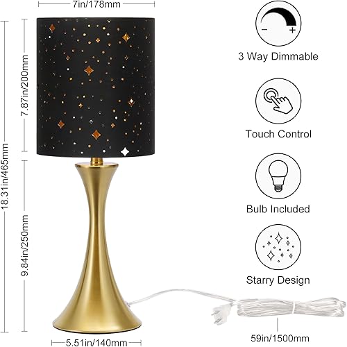 Miniatura 2 de Lámpara táctil para dormitorio, lámpara de mesa dorada regulable de 3 vías con pantalla estrellada negra, lámpara decorativa para mesita de noche,