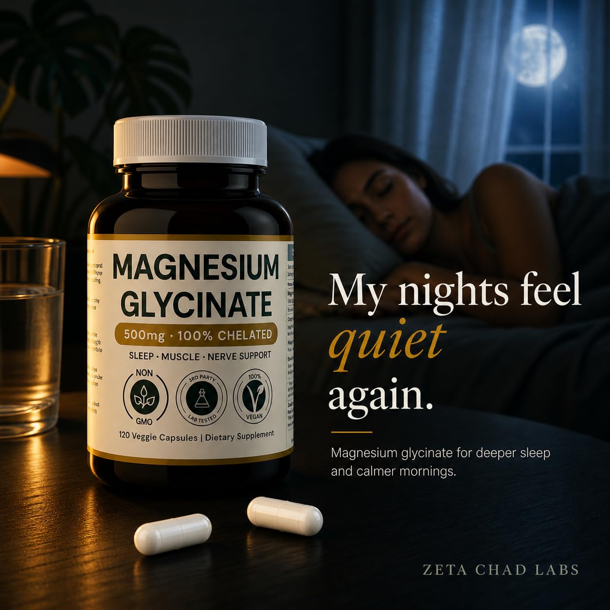 Magnesium Glycinate - 500mg, 120 Capsules, 4 Month Supply, Supports Stress Relief, Sleep, Heart Health, Nerves, Muscles, Metabolism* Vegan, 3rd Party Tested, Gluten Free, Non-GMO by Zeta Chad Labs — Amazon image 2
