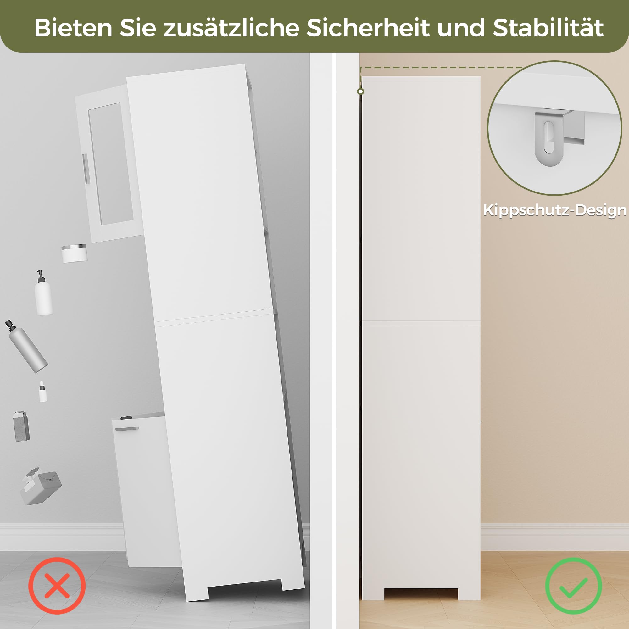 BEWISHOME Weiß Hoher Badezimmerschrank,Badschrank,Badezimmermöbel | mit Verstellbare Ablagen, Mehrzweckschrank mit Glastür und offenem Fach,für Badezimmer/Wohnzimmer, 40 * 60 * 180cm EYYG04W