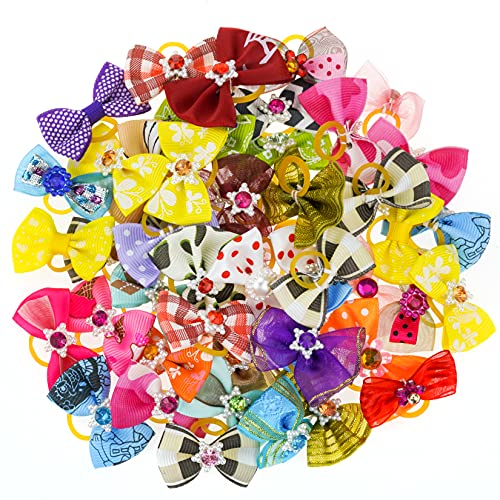 Tongcloud 50pcs Dog Hair Bows with Rubber Bands Rhinestone Pearls Bows Bowknot Bows Dog Bows Cute Dog Hair for Puppy Dog…