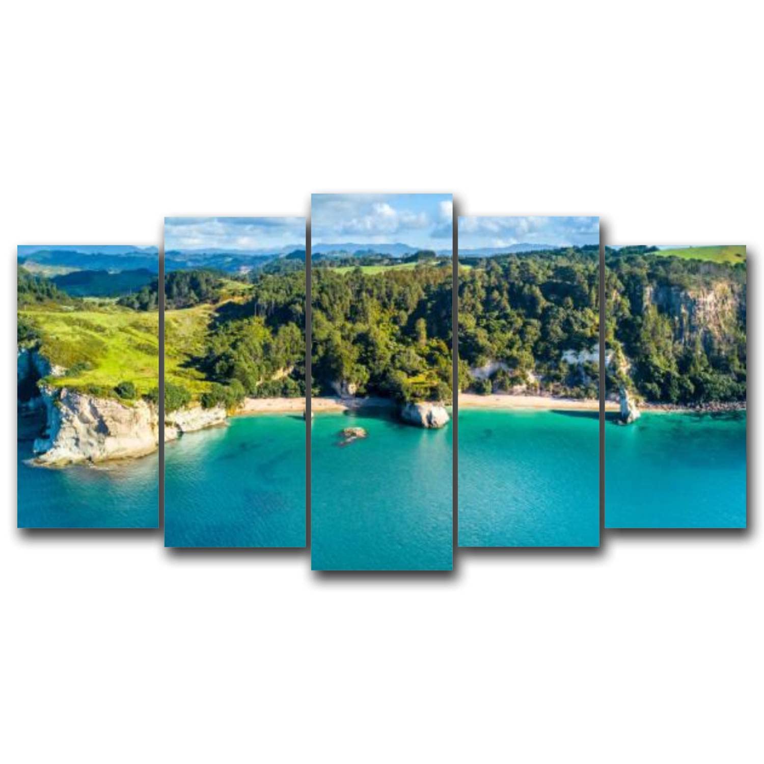 5 Pieces Canvas Wall Art Prints Aerial view a remote ocean coast small coves mountains Coromandel New Stretched & Framed Painting Poster Artwork Home Decor for Living Room Ready to Hang Large Size