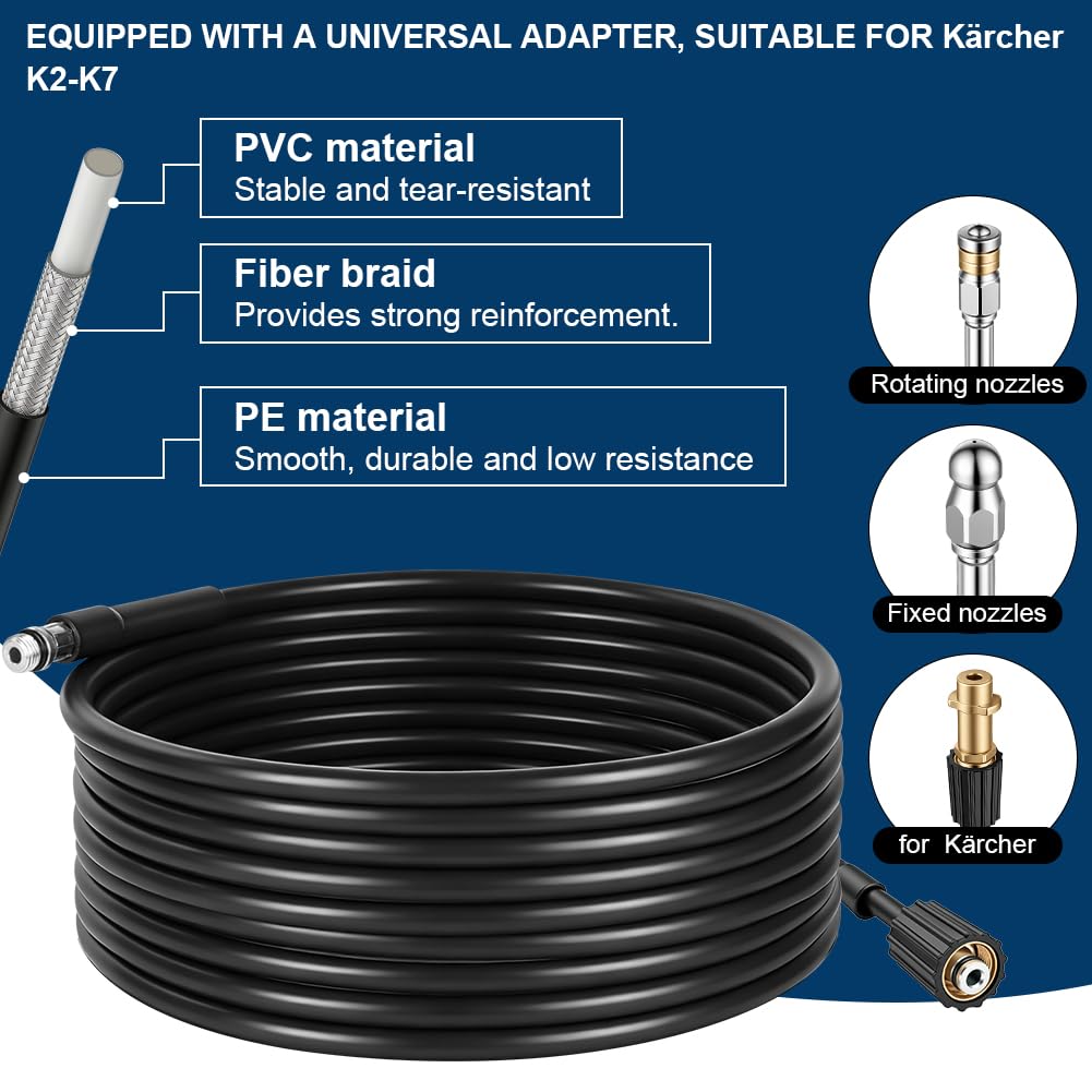 20M Kit Deboucheur Haute Pression, Kit de Tuyau de Nettoyage De Canalisation avec Buse Nettoyeur Haute Pression à Jet, Rotative et Adaptateurs, Compatible avec Karcher K2/K3/K4/K5/K6/K7