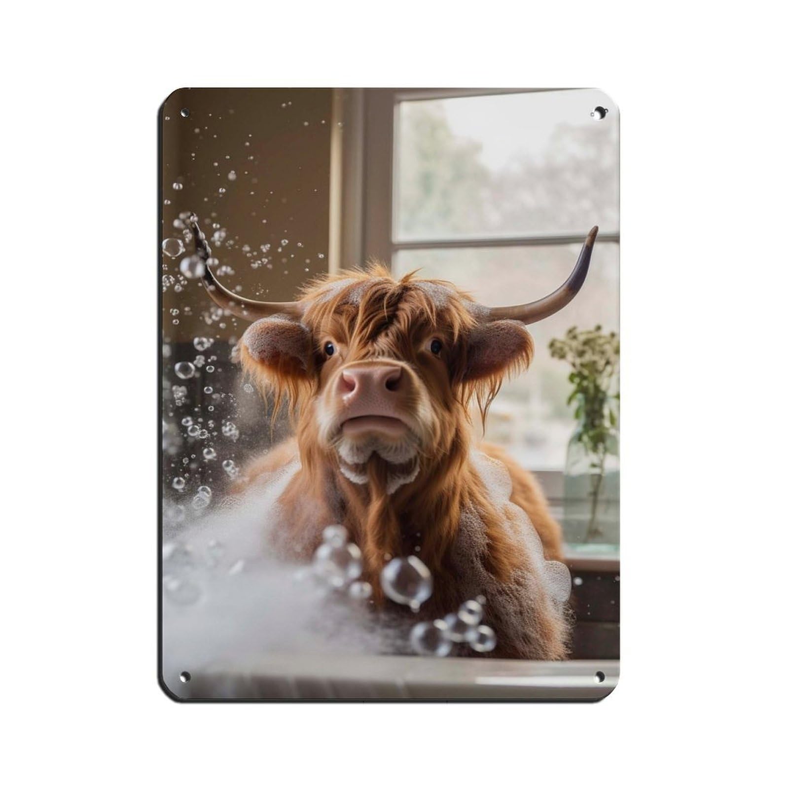 Highland Cow Taking A Bath Tin Sign Vintage Metal Pub Club Cafe Bar Home Wall Art Decoration Poster Retro 12x16inch(30x40cm)
