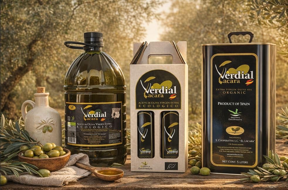 Aceite de oliva virgen extra ecológico Verdial Lácara 5L AOVE, variedad Verdial de Badajoz - Aceite español premium 100%, extracción en frío, sabor delicado y natural.