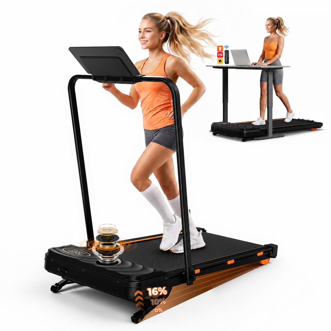 Walking Pad mit 16% automatischer Steigung, Laufband mit Steigung für Zuhause, 12 km/h, 2,5 PS Motor unter 40 dB, Walking Pad klappbar mit App & Bluetooth Lautsprecher, LED-Display, bis 136 kg