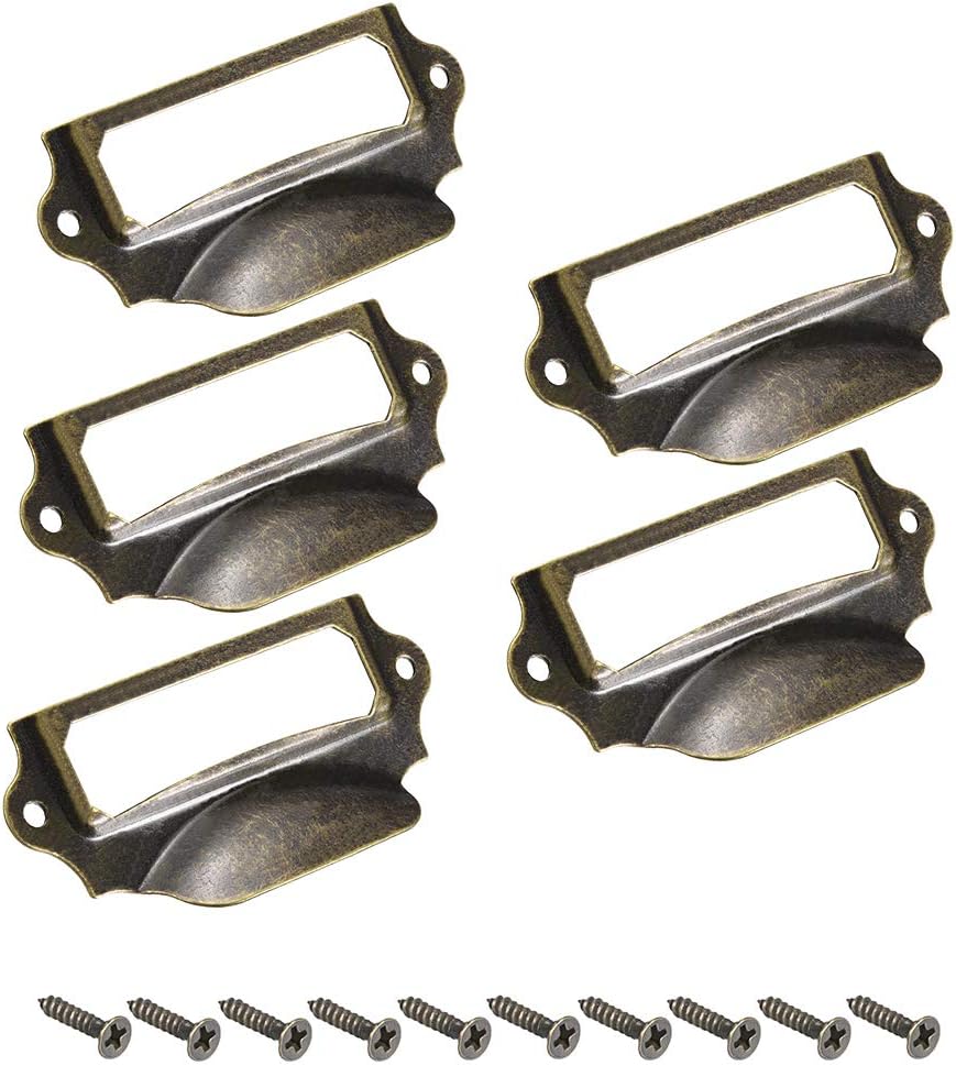 uxcell Label Holder Pull Handles, Vintage Iron Label Frame Drawer Knobs for Cabinet Cupboard, Bronze Tone 90x41mm Pack of 5 Pcs w Screws