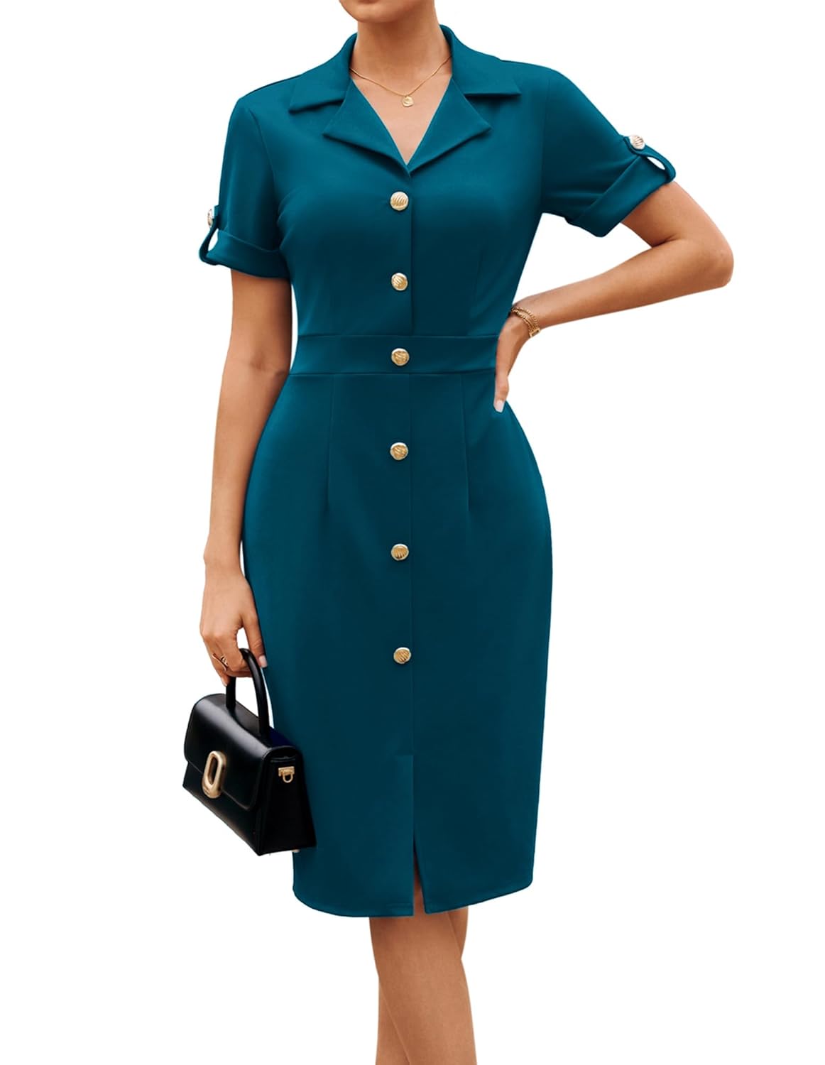 GRACE KARIN Work Dresses for Women 2026 Short Sleeve Button Bodycon Dress Pencil Office Midi Dress with Pockets