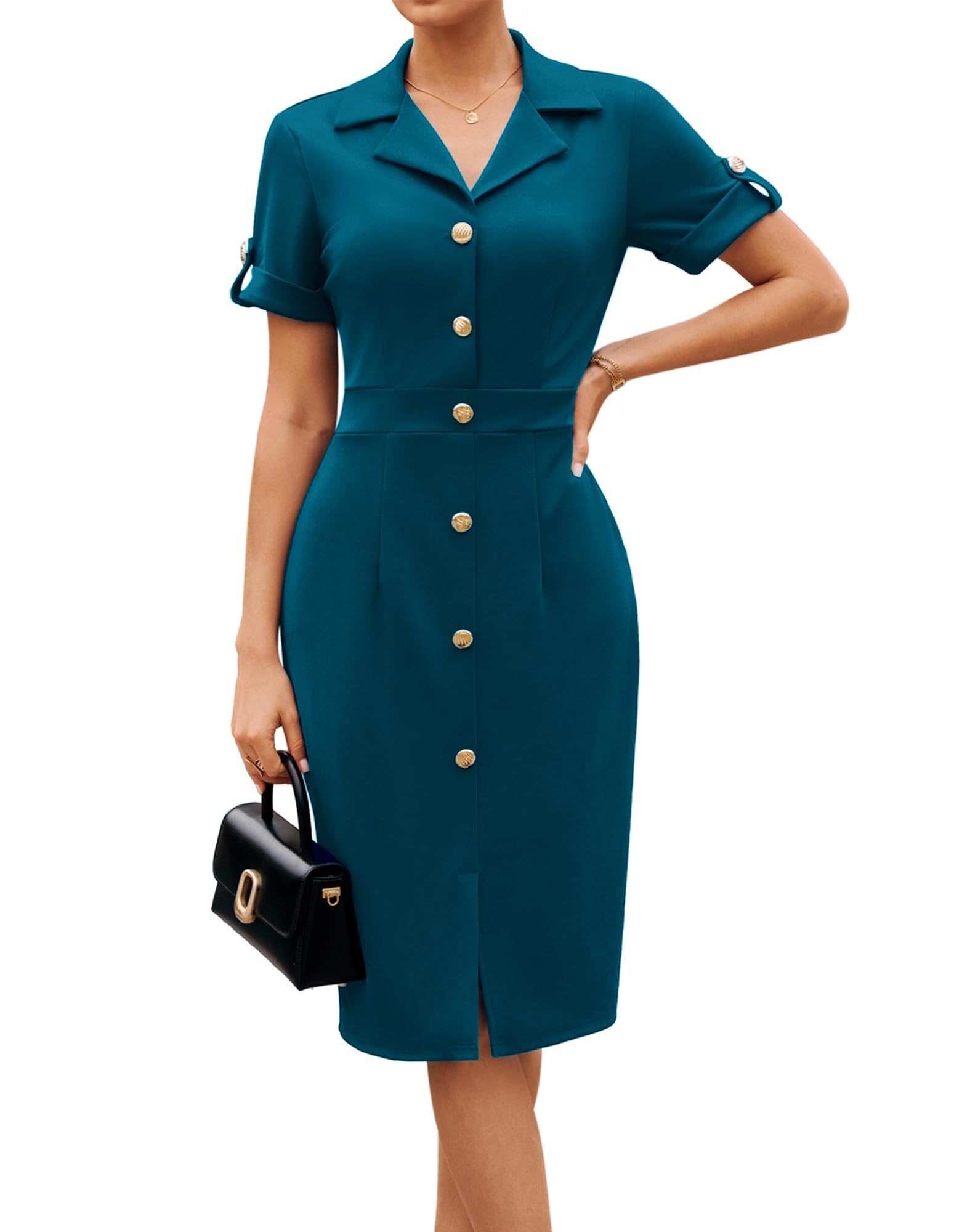 GRACE KARIN Work Dresses for Women 2026 Short Sleeve Button Bodycon Dress Pencil Office Midi Dress with Pockets