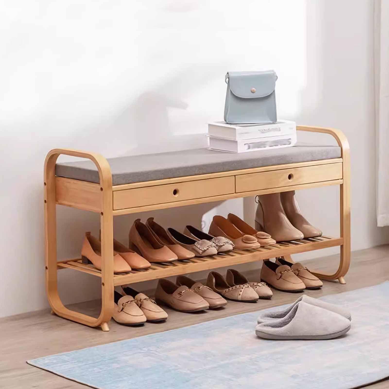 Banc à chaussures en bambou de 99 cm avec coussin moelleux et tiroir
