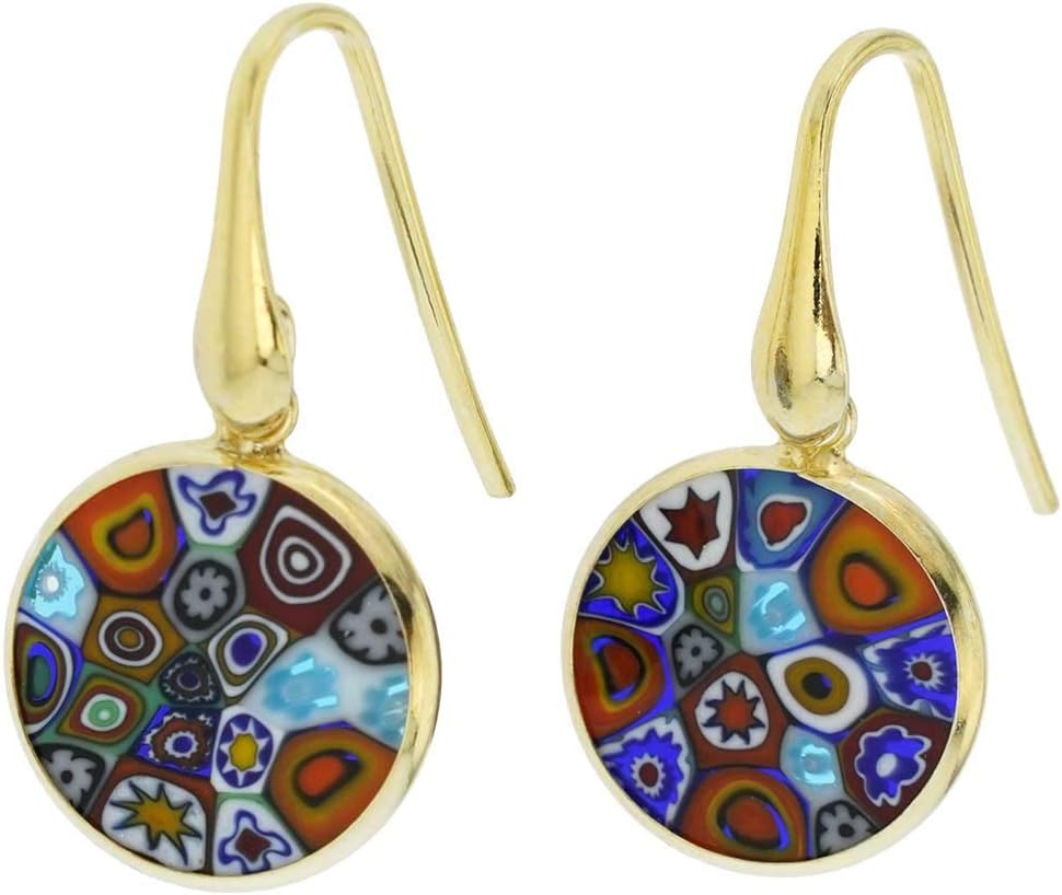 Glass Of Venice Italian Murano Glass Earrings Dangle Round Multicolor Millefiori Flower In Gold-Plated Sterling Silver - Murano Glass Earrings For Women