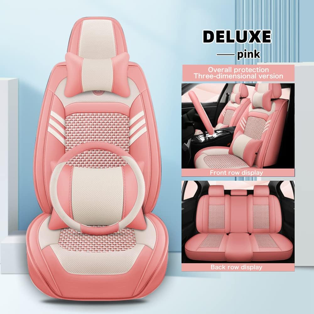 Car Seat Cover Fit for Toyota Corolla 2005-2026 Seat Cushion, Universal Fit for Most Cars Seat Protector Waterproof PU Leather(5 Seats Luxury Style:Pink)
