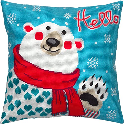 Image of Brvsk Winter Stamped Cross-Stitch Kit for Adults and Beginners - Bear with a Scarf 16″ x 16″ with Clear, Precise Printed Design on Cotton Canvas; Includes 2 Needles, Yarn, and Easy-Read Chart