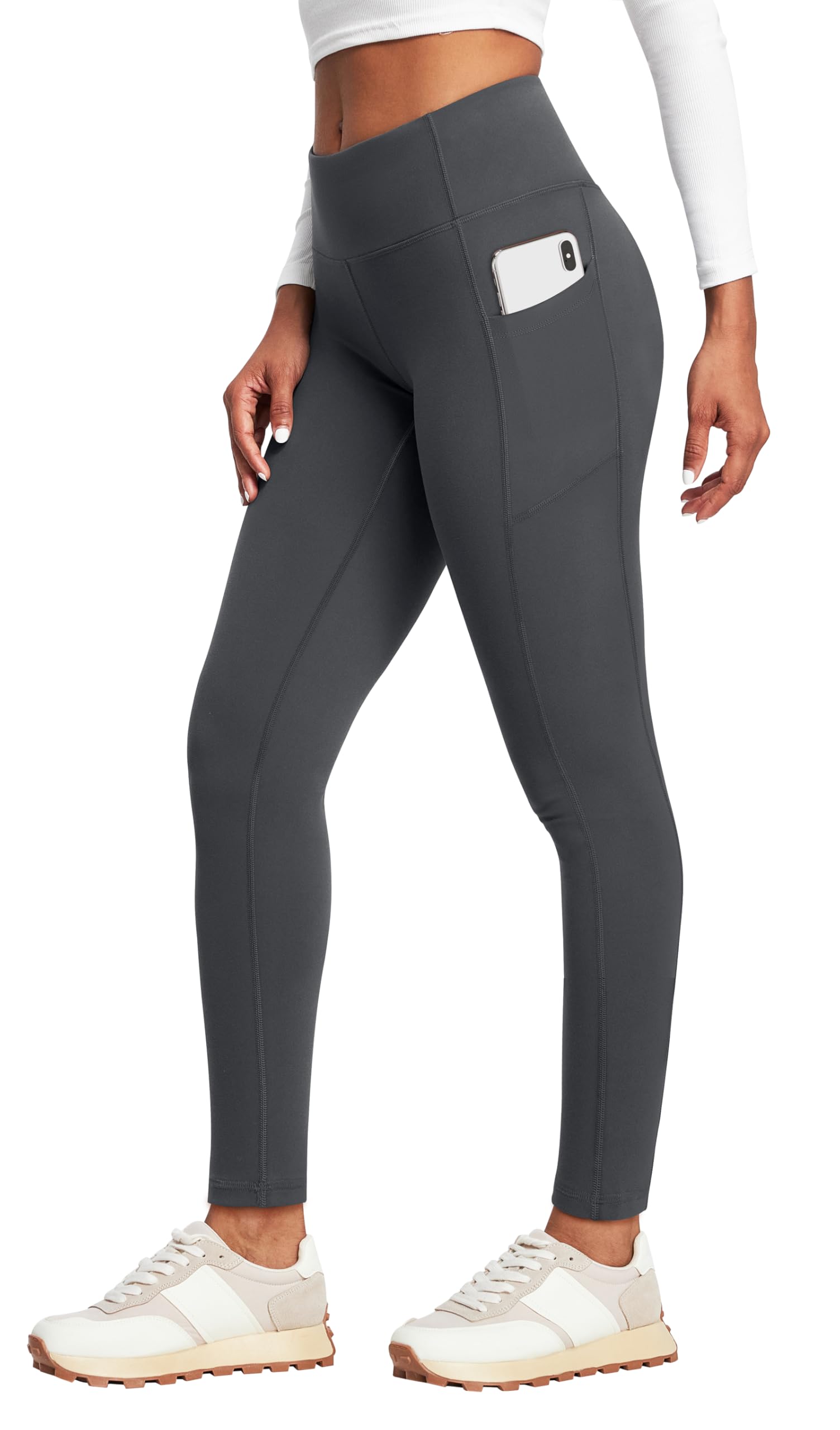 Heathyoga Fleece Lined Leggings with Pockets for Women Thermal Leggings Warm Leggings Women Winter High Waisted Yoga Pants Grey Medium