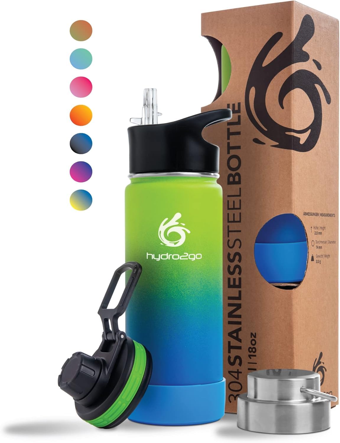 hydro2go Stainless Steel Water Bottle – BPA-Free, Keeps Drinks Hot 12h & Cold 24h, Includes 3 Caps – 530ml (Earth)