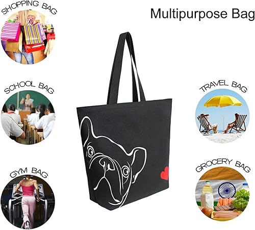 Miniatura 8 de ALAZA - Linda bolsa de lona grande con diseño de bulldog pug negro francés, reutilizable, para compras, con asas, resistente, lavable