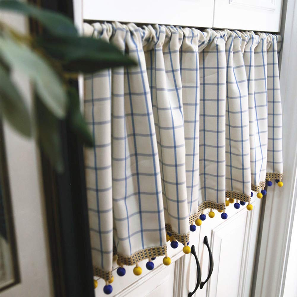 CRYSEU Short Curtains, Blue Checkered Short Curtain, Kitchen Curtain Valance with Hair Ball Tassels, Farmhouse Rustic Half Curtain(55" W x 24" L (Pack of 1))