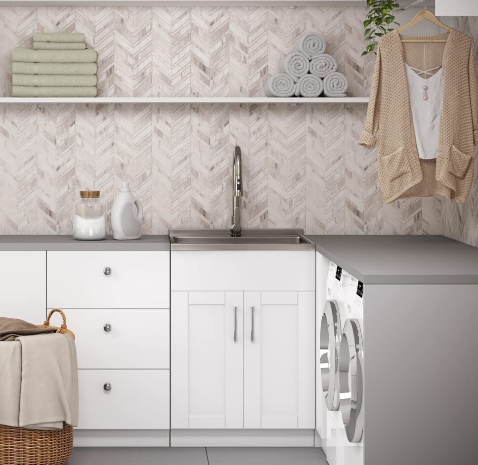 Image of SIMPLIHOME Modern Wide Shaker 24 inch Wide Stainless Steel Sink Laundry Cabinet | Transitional laundry cabinet with a high-arch chrome faucet for laundry rooms; Modern Wide Shaker utility sink or wash tub.