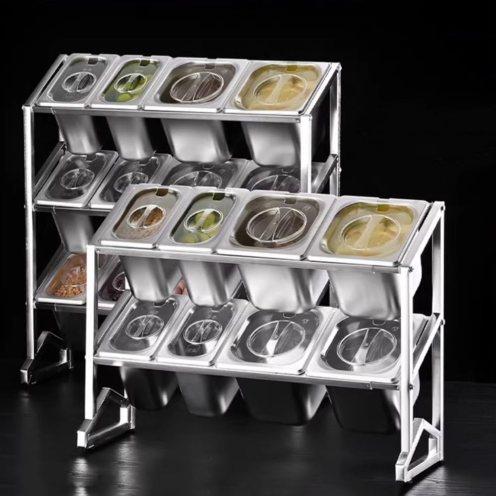 Especiero de acero inoxidable de 3 niveles con tapa, 15 compartimentos para almacenamiento de condimentos, organizador de encimera, plateado, 22.8 x 7.5 x 63 pulgadas, esencial para la cocina