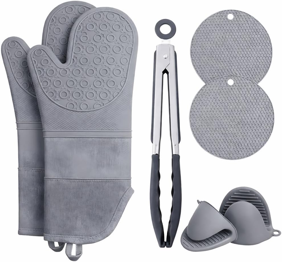 Extra Long Silicone Oven Mitts Set (7-Piece) – 450°F Heat Resistant Kitchen & BBQ Gloves with Non-Slip Grip, Pot Holders & Tongs – Cooking & Baking Gift Set (Grey)