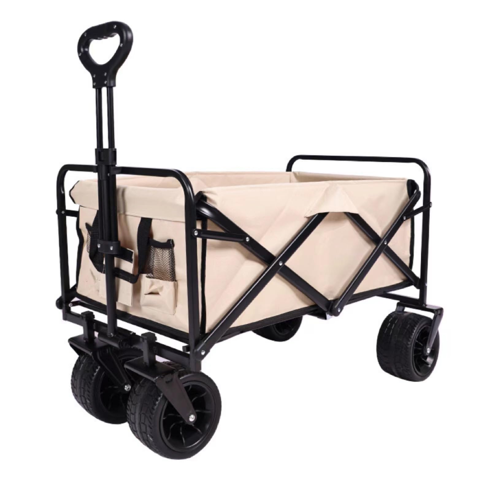 Folding Wagon, All Terrain Trolley 100L Folding Beach Cart Heavy Duty Collapsible Wagon Multicolor 2 Pockets Outdoor(Beige)